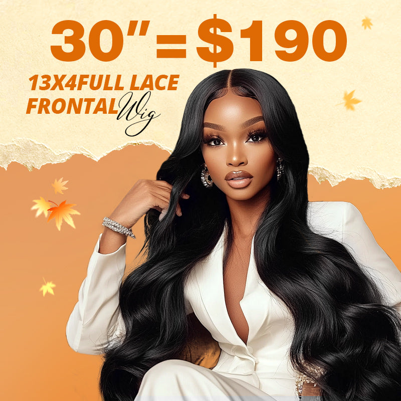 Woman with body wave glueless wig on off-white background with text saying"30“=$190"
