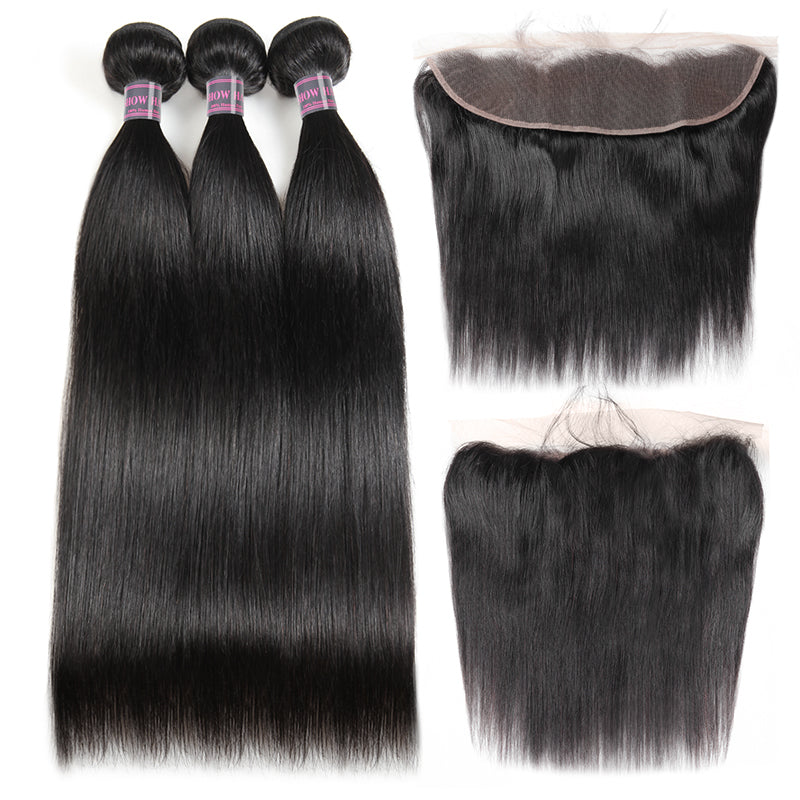 Set Of Black Straight Hair Bundles With Frontal Closures On A White Background