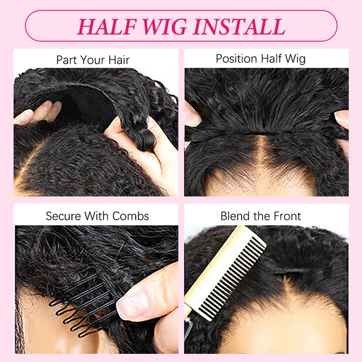 Step-by-step guide on how to install a half wig with text labels on a pink background.