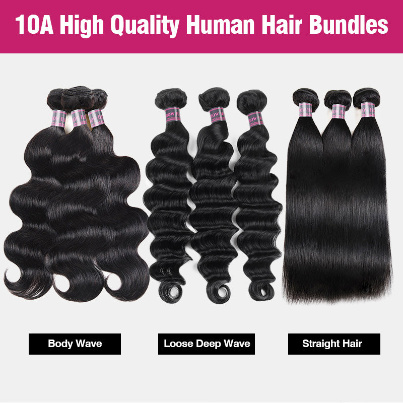 Three Types Of High-Quality Human Hair Bundles With Labels For Body Wave, Loose Deep Wave, And Straight Hair