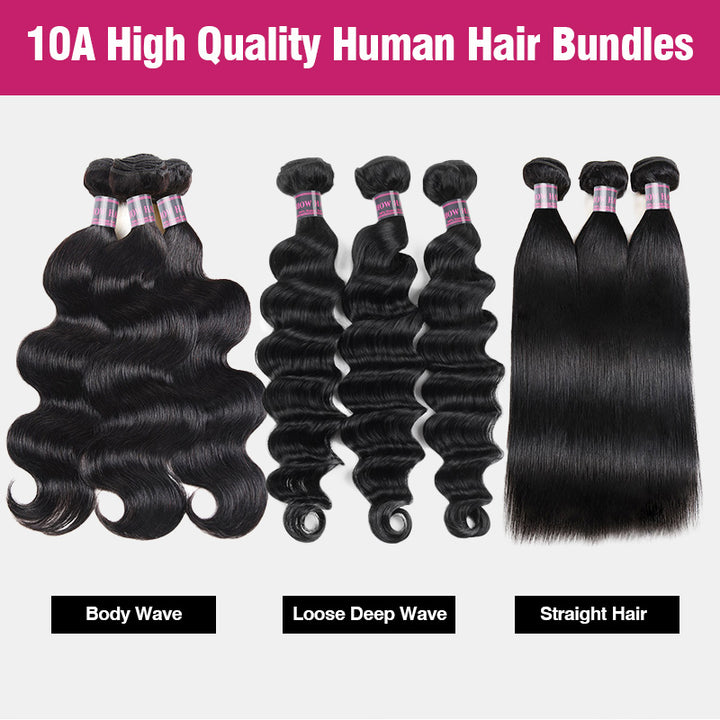 Three Types Of High-Quality Human Hair Bundles With Labels For Body Wave, Loose Deep Wave, And Straight Hair