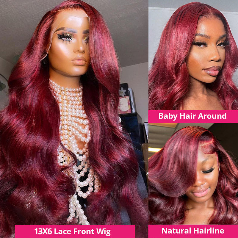 Ishow 32 Inch 200 Density 99j Burgundy HD Transparent Lace Front Wig Body Wave/Straight/Deep Wave Human Hair Wigs Pre Plucked Natural Hairline