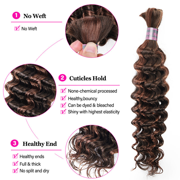 Ishow Bulk Human Hair For Braiding Highlight #4/30 Piano Color Deep Wave Boho Knotless Braids Hair Bundles No Weft