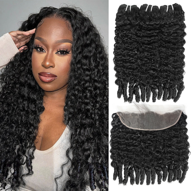 Woman with long burmese curly hair and 3 bundles with frontal on a white background