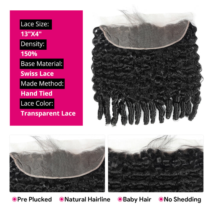 A 13x4 burmese curly lace frontal on a white background and it feature with transparent lace and pre plucked