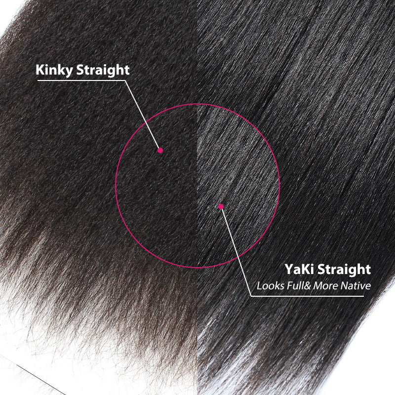 Comparison of kinky Straight and Yaki Straight hair textures with text labels.