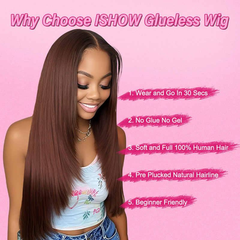 Ishow Natural Brown Color Glueless Wig Lace Front Human Hair Wigs Straight And Body Wave Layered Cut Wig
