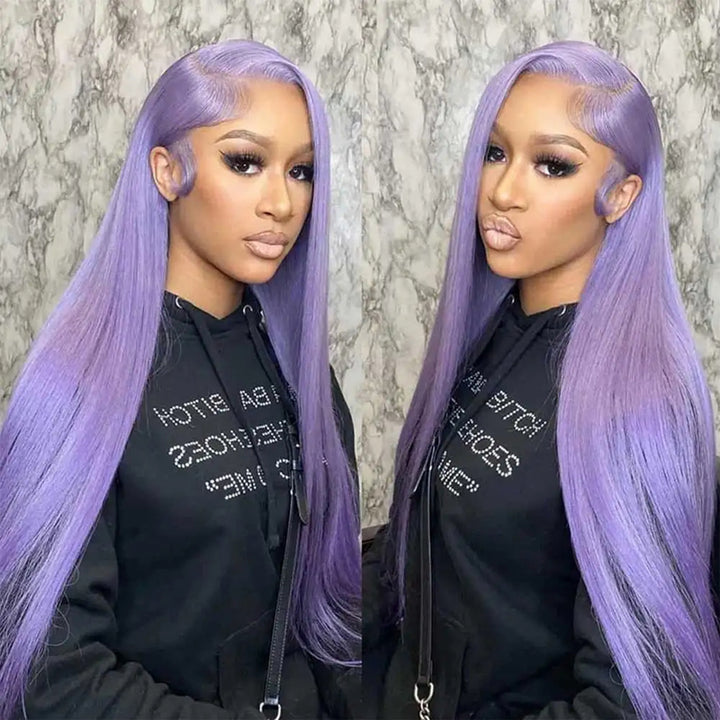 Back view of Ishow light purple 13x4 HD transparent lace front wig with straight human hair on a model and front view on a mannequin head.