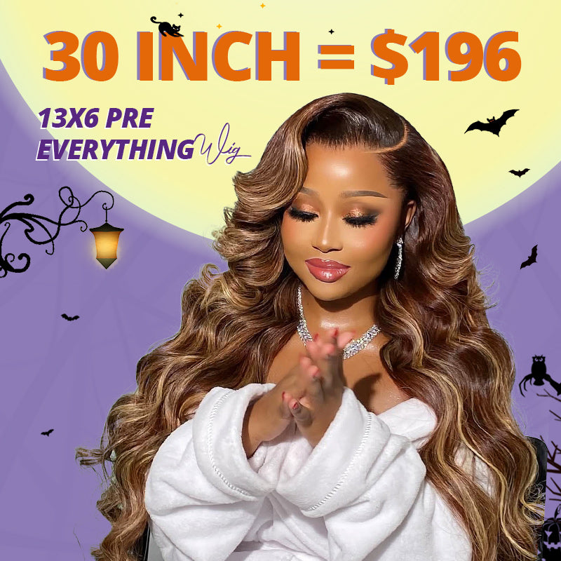 A black woman with styled p4/27 highlight wig against a yellow background with text saying"30" 13x6 wig only $196"