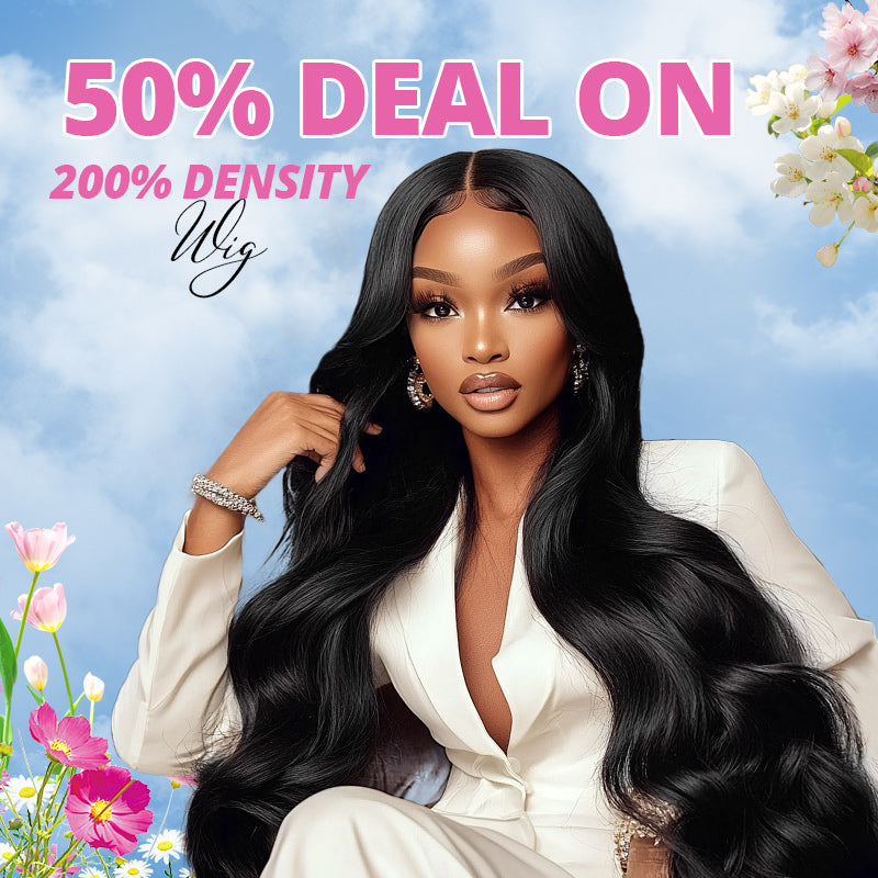 Woman with body wave glueless wig on off-white background with text saying"50% Off Deal On 200 Density"