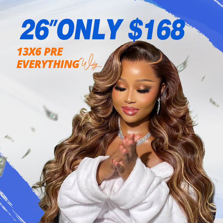 A black woman with styled p4/27 highlight wig against a yellow background with text saying"26" 13x6 wig only $168"