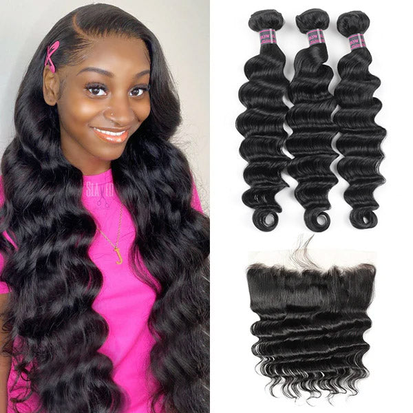 Woman With Long Loose Wave Black Hair and 3 Bundles With Frontal Closure