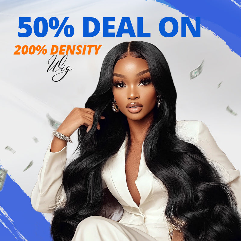 Woman with body wave glueless wig on off-white background with text saying"50% Off Deal On 200 Density"