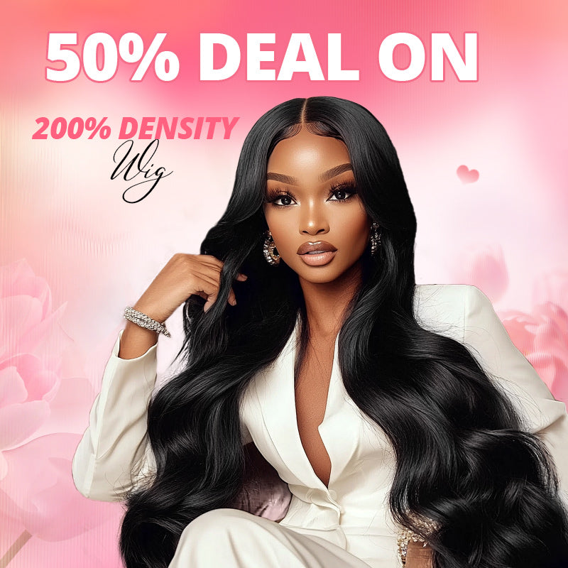 Woman with body wave glueless wig on off-white background with text saying"50% Off Deal On 200 Density"