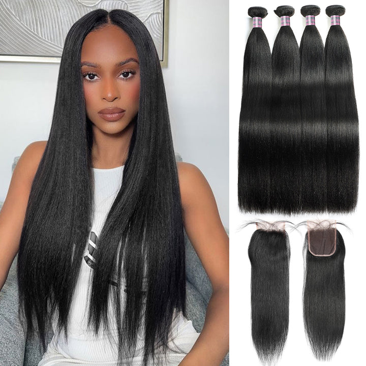 Ishow Bundles With Closure Malaysian Yaki Straight Human Hair 4 Bundles With 4x4 Lace Closure