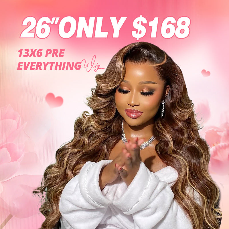 A black woman with styled p4/27 highlight wig against a yellow background with text saying"26" 13x6 wig only $168"