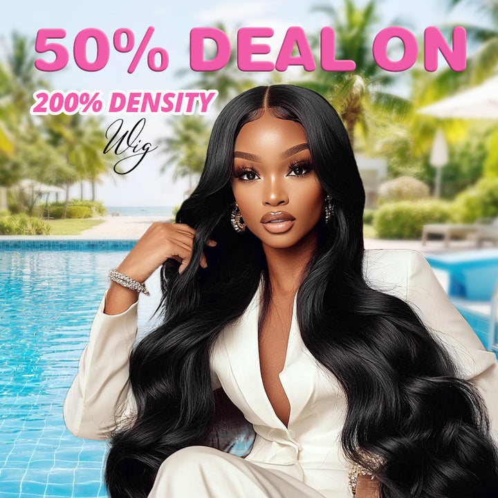 Woman with body wave glueless wig on off-white background with text saying"50% Off Deal On 200 Density"