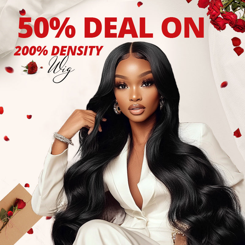 Woman with body wave glueless wig on off-white background with text saying"50% Off Deal On 200 Density"