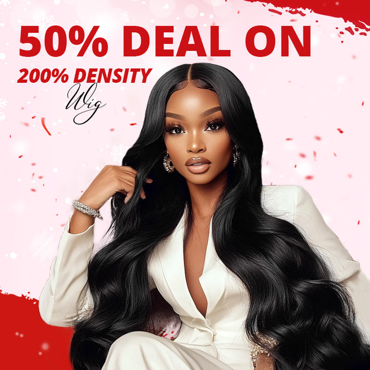 Woman with body wave glueless wig on pink background with text saying"200 density only $87.99"