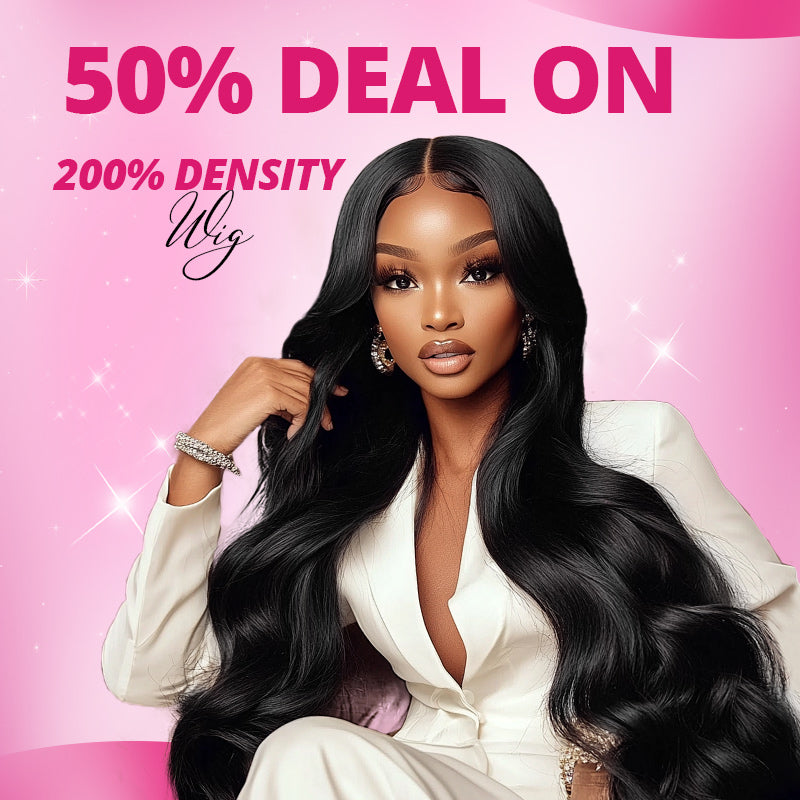 Woman with body wave glueless wig on off-white background with text saying"50% Off Deal On 200 Density"