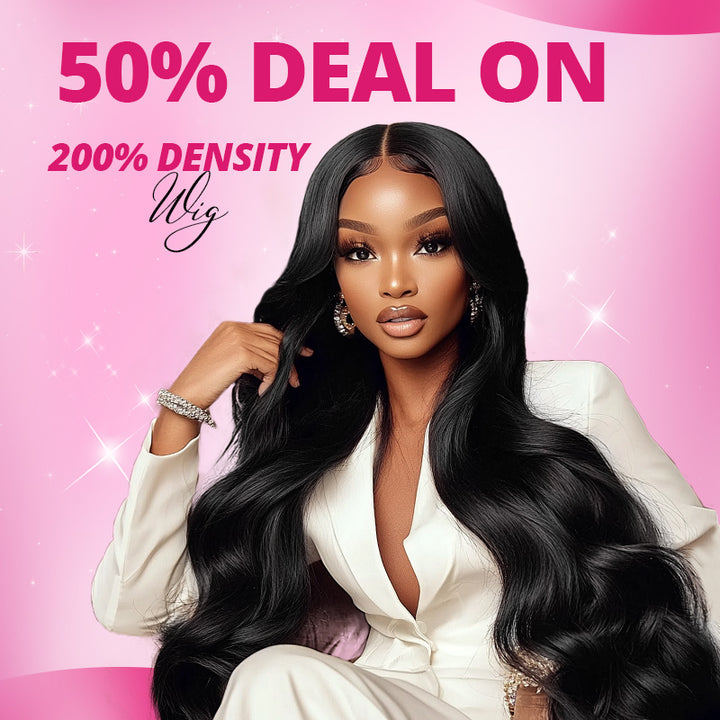 Woman with body wave glueless wig on off-white background with text saying"50% Off Deal On 200 Density"