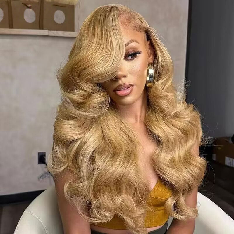 Honey Blonde Body Wave Wig Styled in Glamorous Voluminous Curls