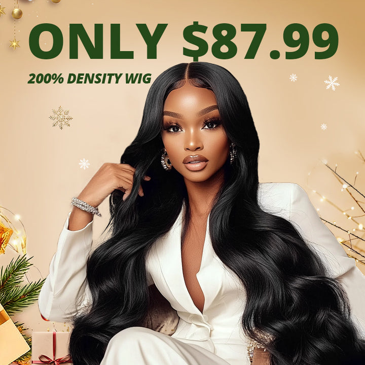 Woman with body wave glueless wig on pink background with text saying"200 density only $87.99"