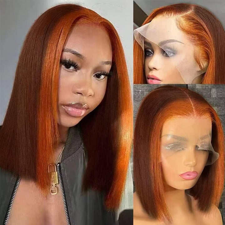 Ishow Colored Short Bob Wigs Ginger Orange Highlight Skunk Stripe Color Straight 13x4 HD Lace Front Wigs