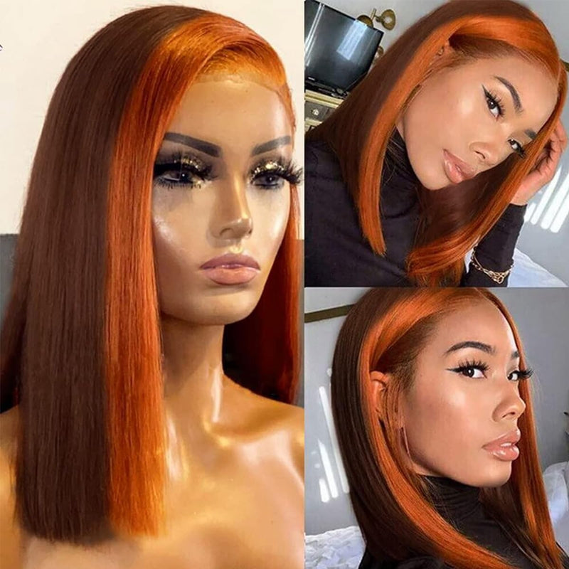 Ishow Colored Short Bob Wigs Ginger Orange Highlight Skunk Stripe Color Straight 13x4 HD Lace Front Wigs