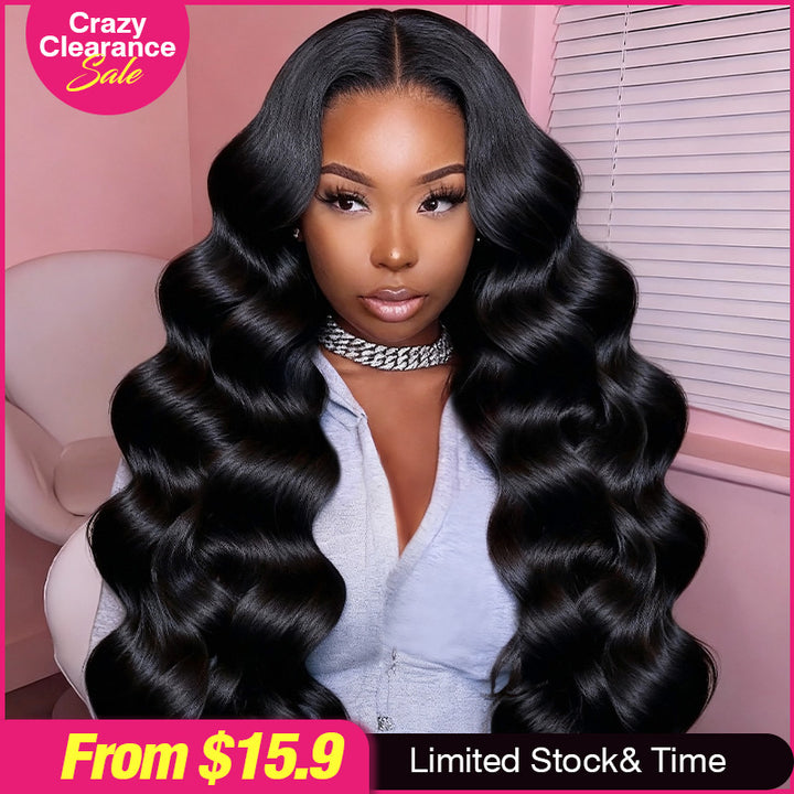 Woman With Long Body Wave Hair Against A Pink Background With Clearance Sale Text"From $15.9"
