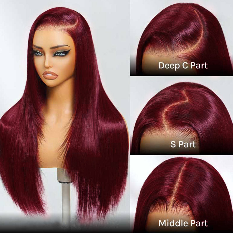 Ishow 99J Burgundy Layered Cut Straight and Body Wave 13x4 Lace Front Wig Pre-Everything Invisible Knots 5x5 Lace Glueless Wig