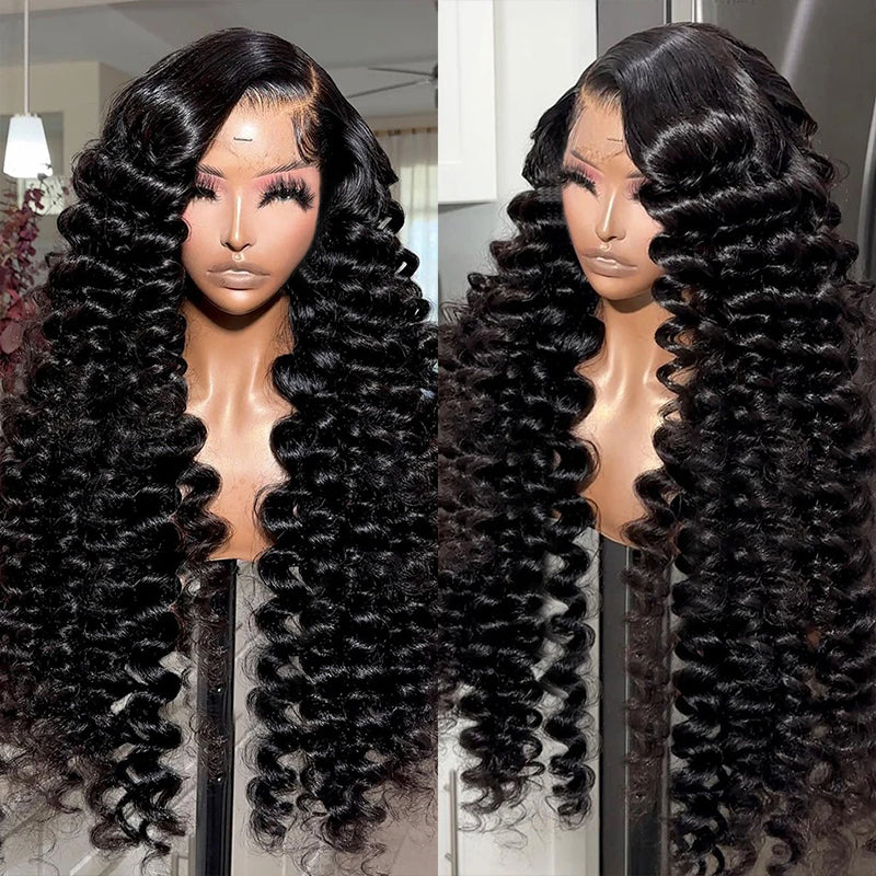 40 Inch Loose Deep Wave Human Hair Wig in Natural Black Color On Mannequin