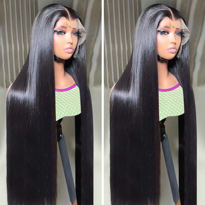 Long Sleek Black Straight Human Hair Wig On Mannequin, Showcasing Natural Shine and Texture