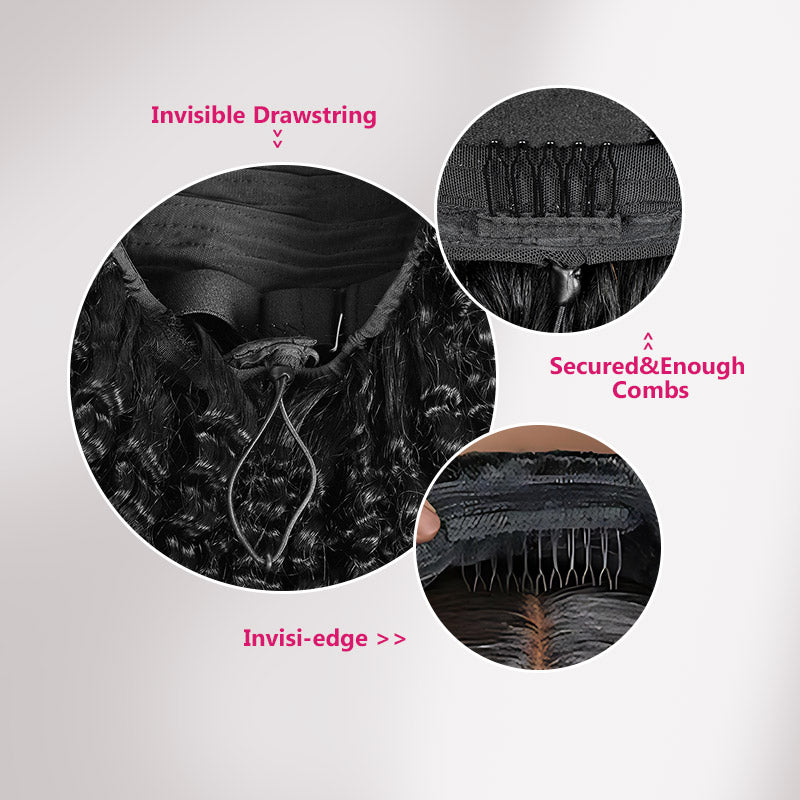 Close-up of half wig features with invisible drawstring,secured&enough combs and invisi-edge