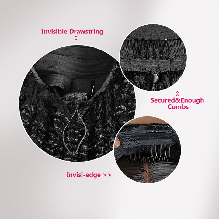 Close-up of half wig features with invisible drawstring,secured&enough combs and invisi-edge