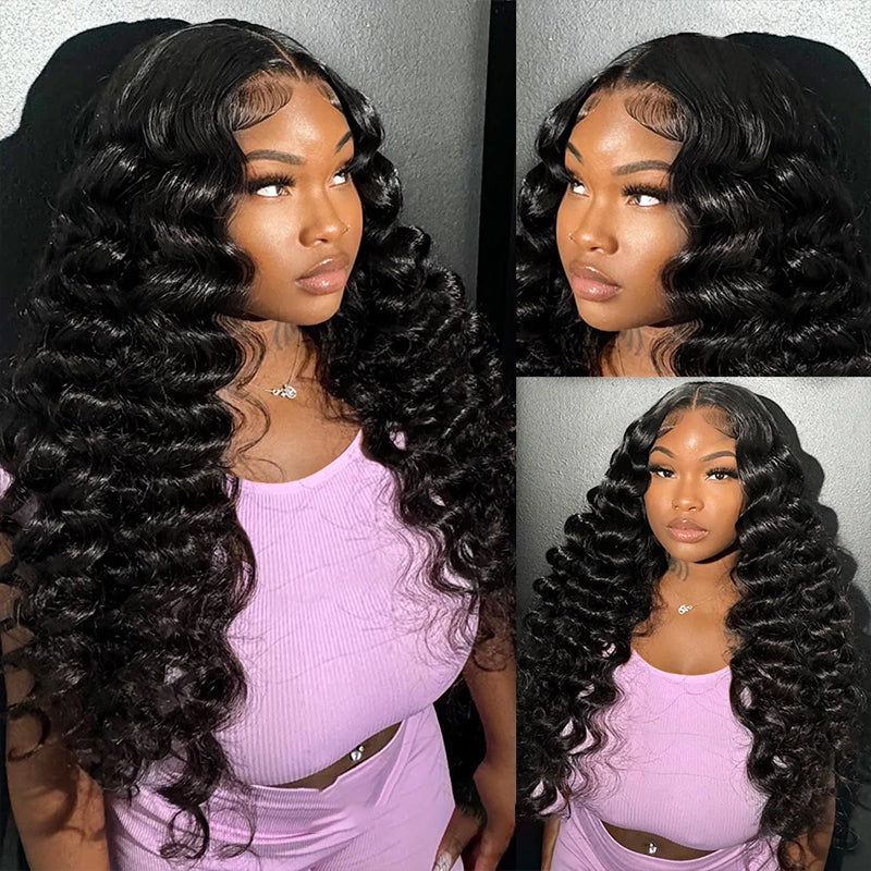 Model Wearing 40 Inch Long Body Wave Human Hair Wig in Natural Black Color With Defined Curls