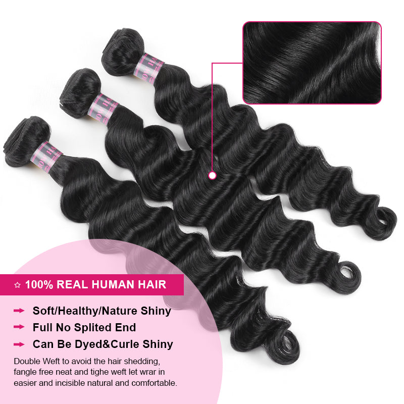 Three 100% Real Human Hair Bundles in Loose Deep Wave Texture, Soft and Shiny