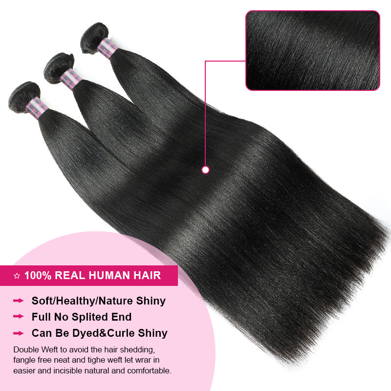 Ishow Yaki Straight 3 Bundles With 4x4 Lace Closure Brazilian Human Hair Bundles With Closure