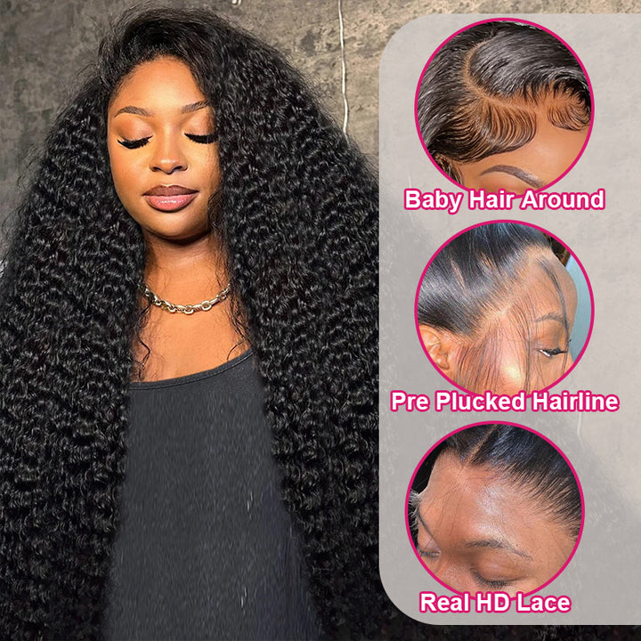 Model Showcasing Long Curly Black Wig With Baby Hair and HD Lace Features