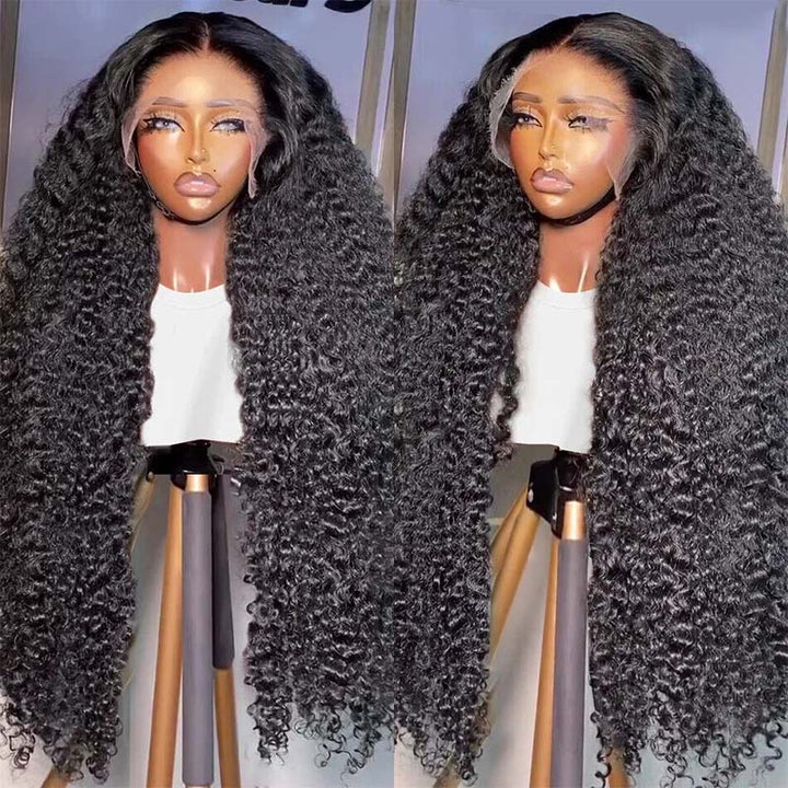 Long Curly Black Human Hair Wig Displayed On Mannequin With Voluminous Texture