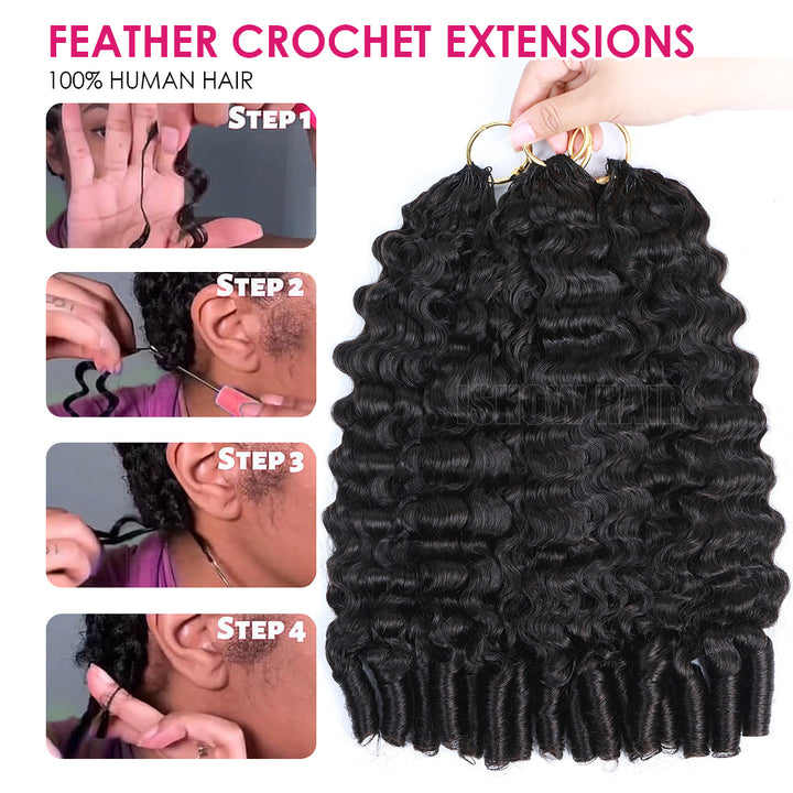 Step-By-Step Guide On How To Use Feather Crochet Hair Extensions With Close-Up Shots Of Application.