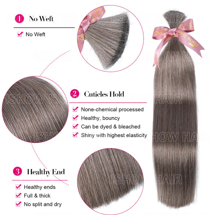 Ishow Straight Human Hair Bulk For Braiding #18 Dark Ash Platinum Premium 100% Unprocessed Raw Hair