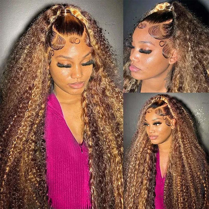 Honey Blonde Highlight Wig Deep Wave Highlight Lace Wig 4x4 Lace Closure Wig