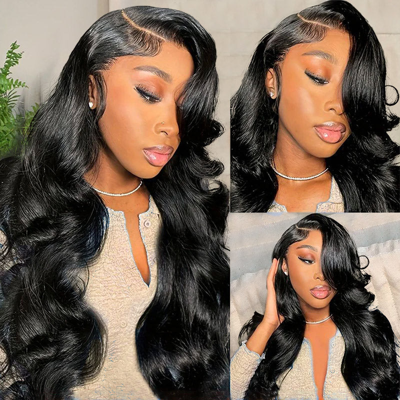 Model With Malaysian Body Wave Hair Bundles Styled Naturally, Wearing a Blue Top