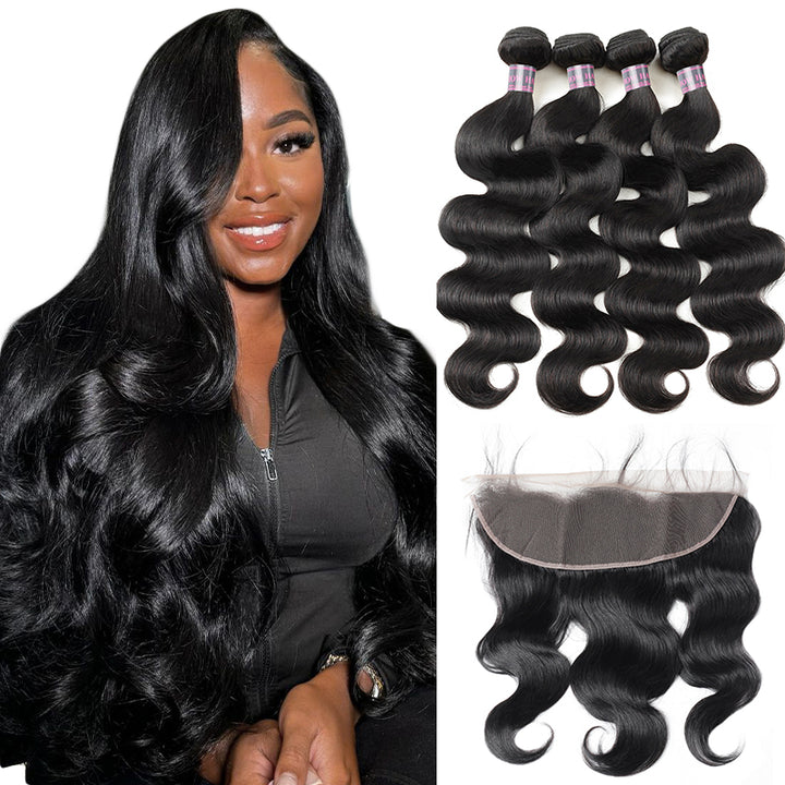 Peruvian Human Hair Body Wave 4 Bundles With 13x4 Ear To Ear Lace Frontal