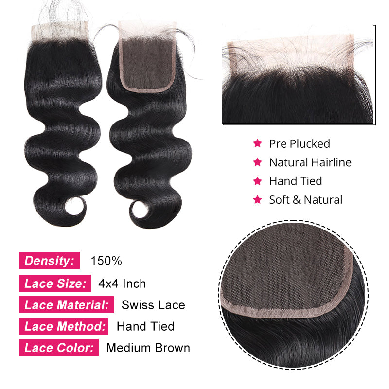 Our Brazilian Human Hair is a luxurious, high-quality option for glamorous body wave styles. Set includes 4 bundles of hair and a lace closure to create an unbeatable look. 100% unprocessed hair with natural roots and tips.