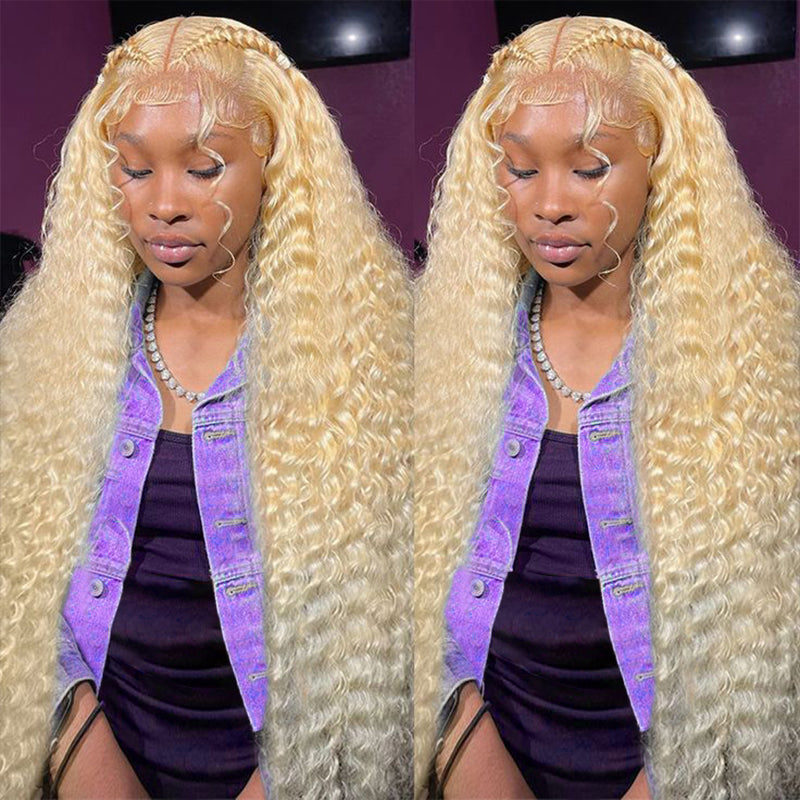 Model Showcasing 613 Blonde Deep Wave Wig, Wearing a White Tank Top With Text