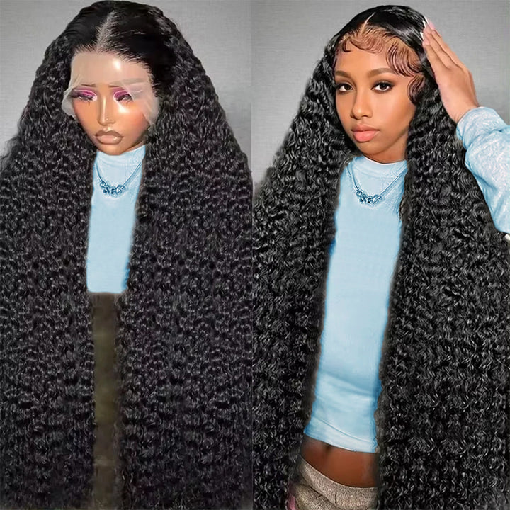 Deep curly frontal lace wig 13x6 Indian lace front in natural black on mannequin, styled with long deep wave textures, displayed in a stylish room setting
