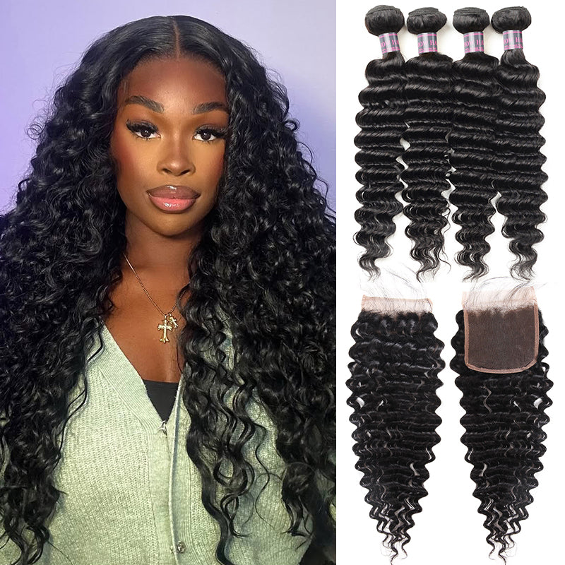 Deep Wave 4 Bundles With 4*4 Lace Closure 100% Virgin Brazilian Human Hair Weave