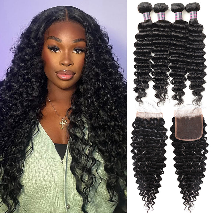 Deep Wave 4 Bundles With 4*4 Lace Closure 100% Virgin Brazilian Human Hair Weave